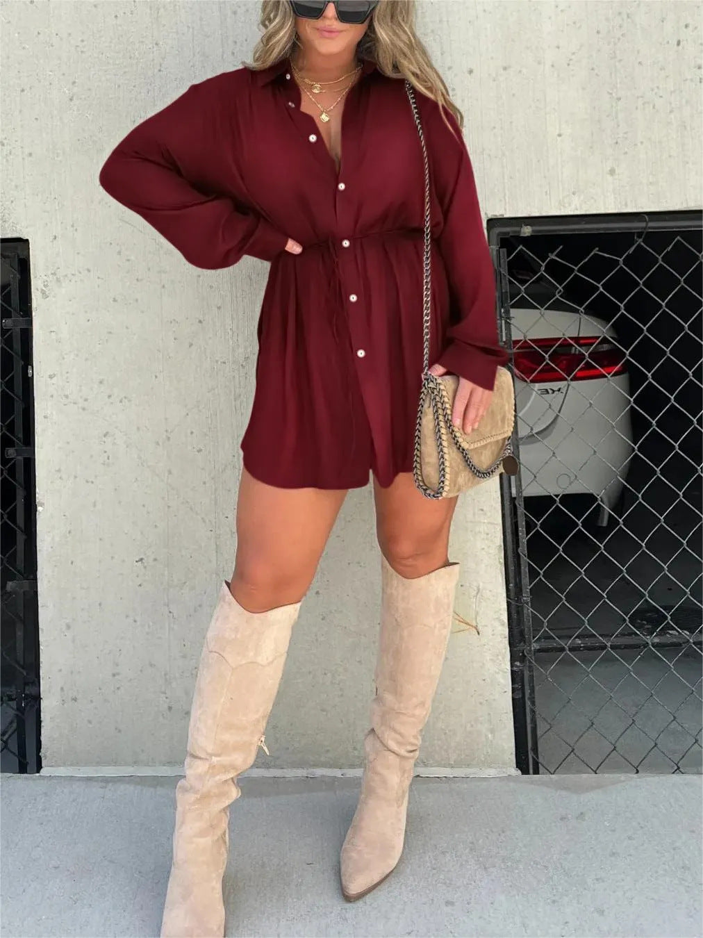 Women's Long Sleeve Jumpsuit With Button Fashion Shirt Dress Lime Sunflower