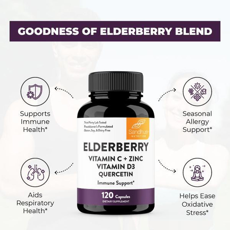 【Sandhus】Elderberry for Immune Support, Vitamin C, Zinc, Quercetin & D3, Healthcare Dietary Supplement
