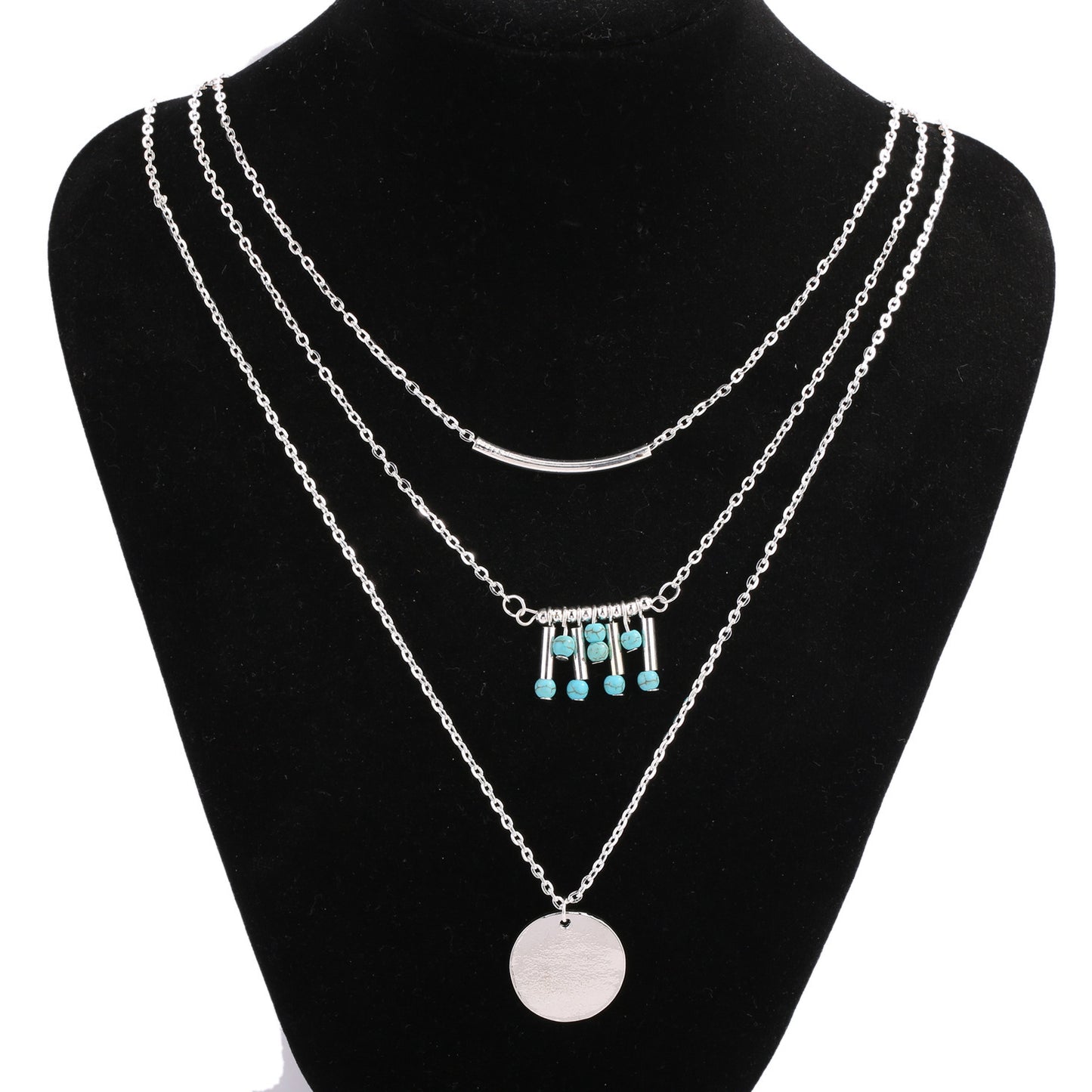 European and American fashion metal tube multilayer sequins turquoise beads clavicle chain