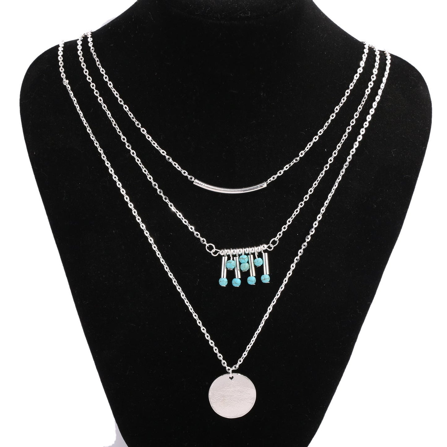 European and American fashion metal tube multilayer sequins turquoise beads clavicle chain Lime Sunflower