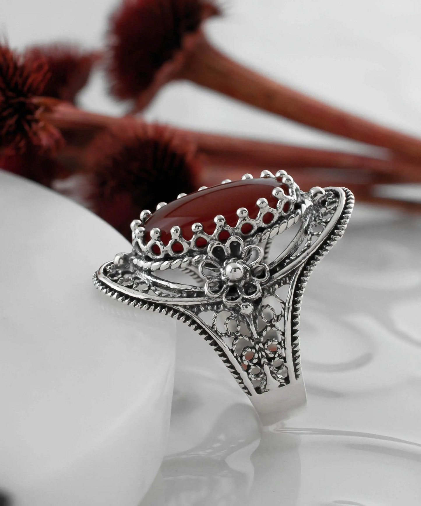 Carnelian Gemstone Sterling Silver Women Statement Ring with Daisy Figures