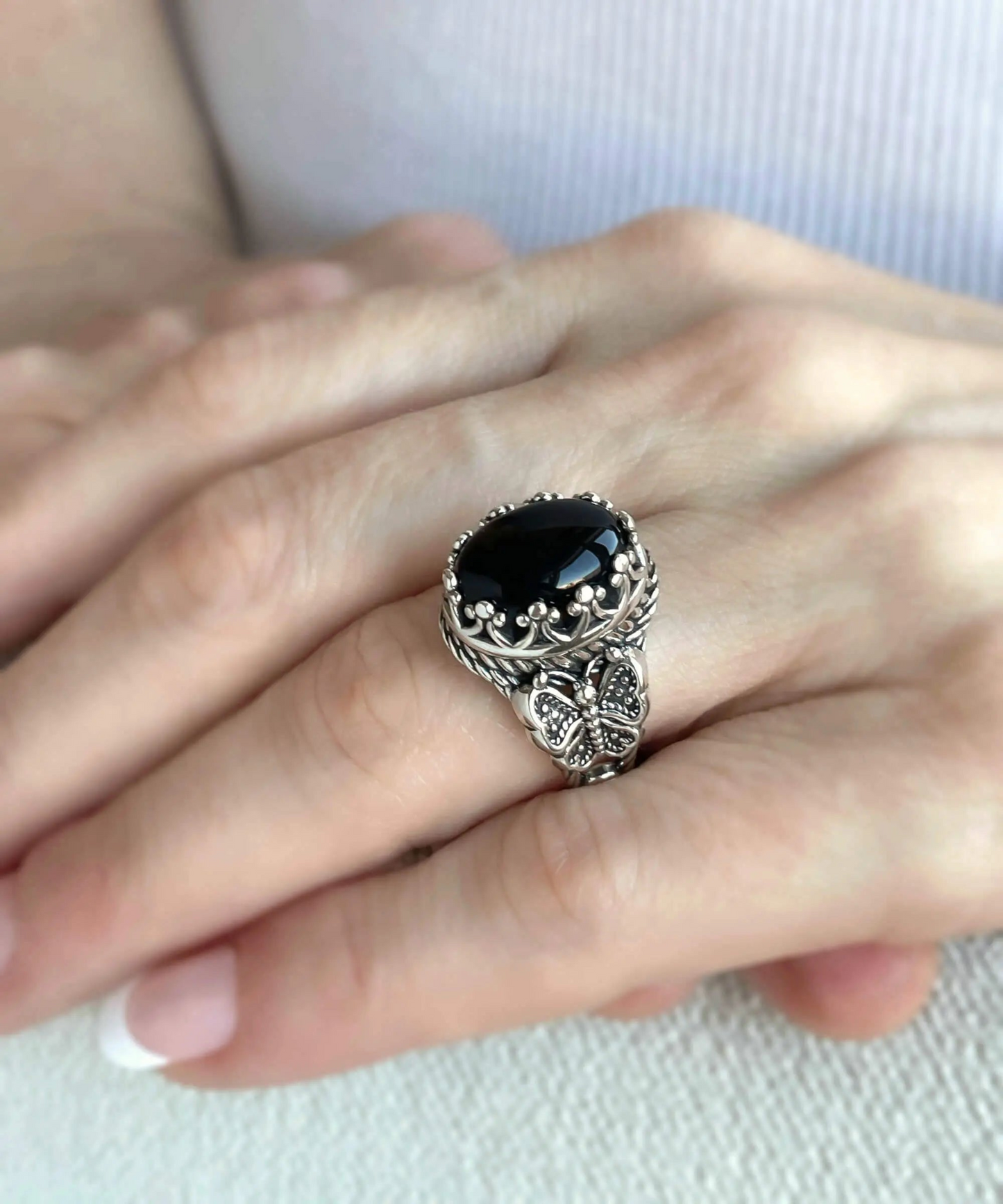Black Onyx Gemstone Filigree Art Double Butterfly Detailed Women Silver Statement Ring
