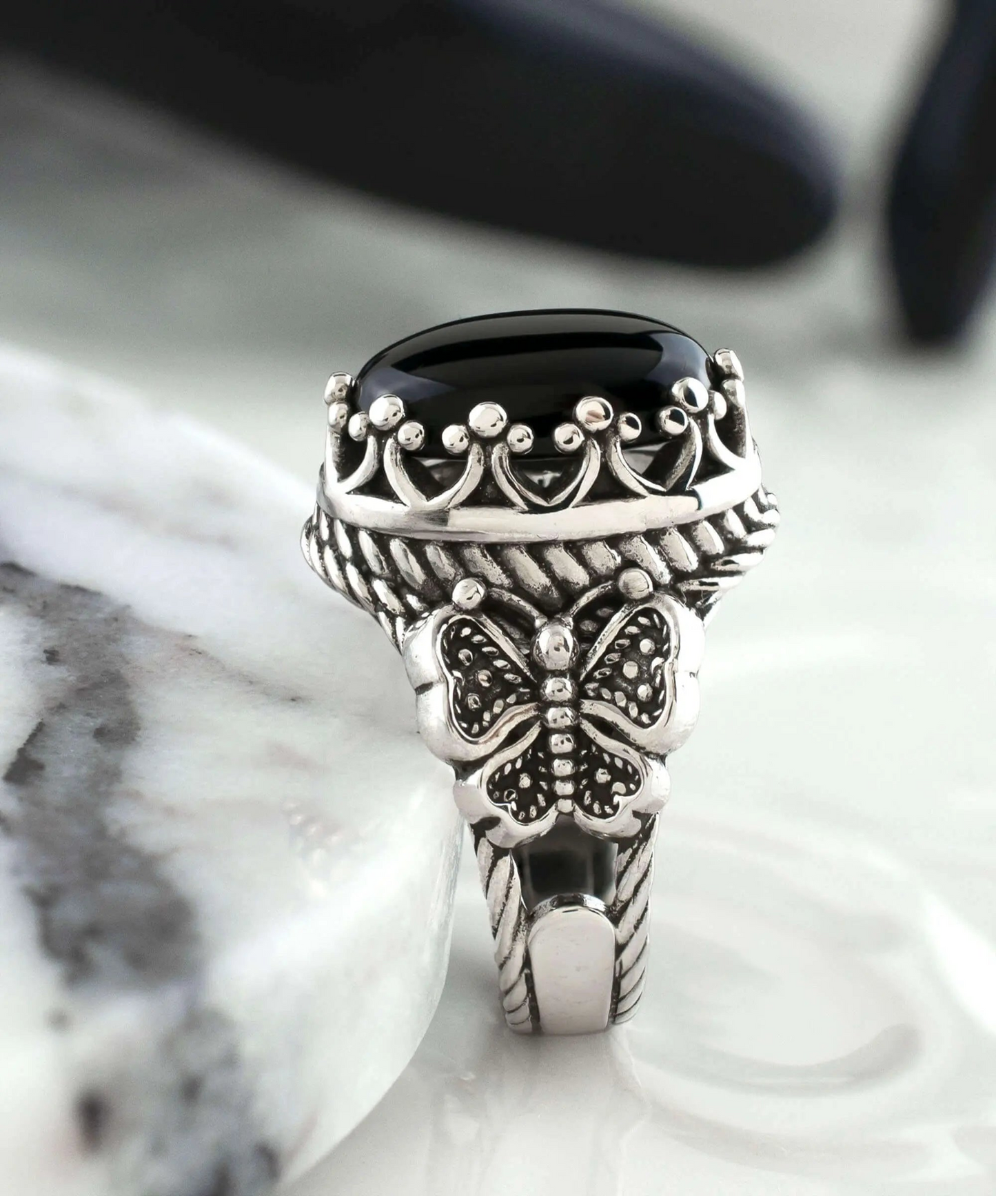 Black Onyx Gemstone Filigree Art Double Butterfly Detailed Women Silver Statement Ring