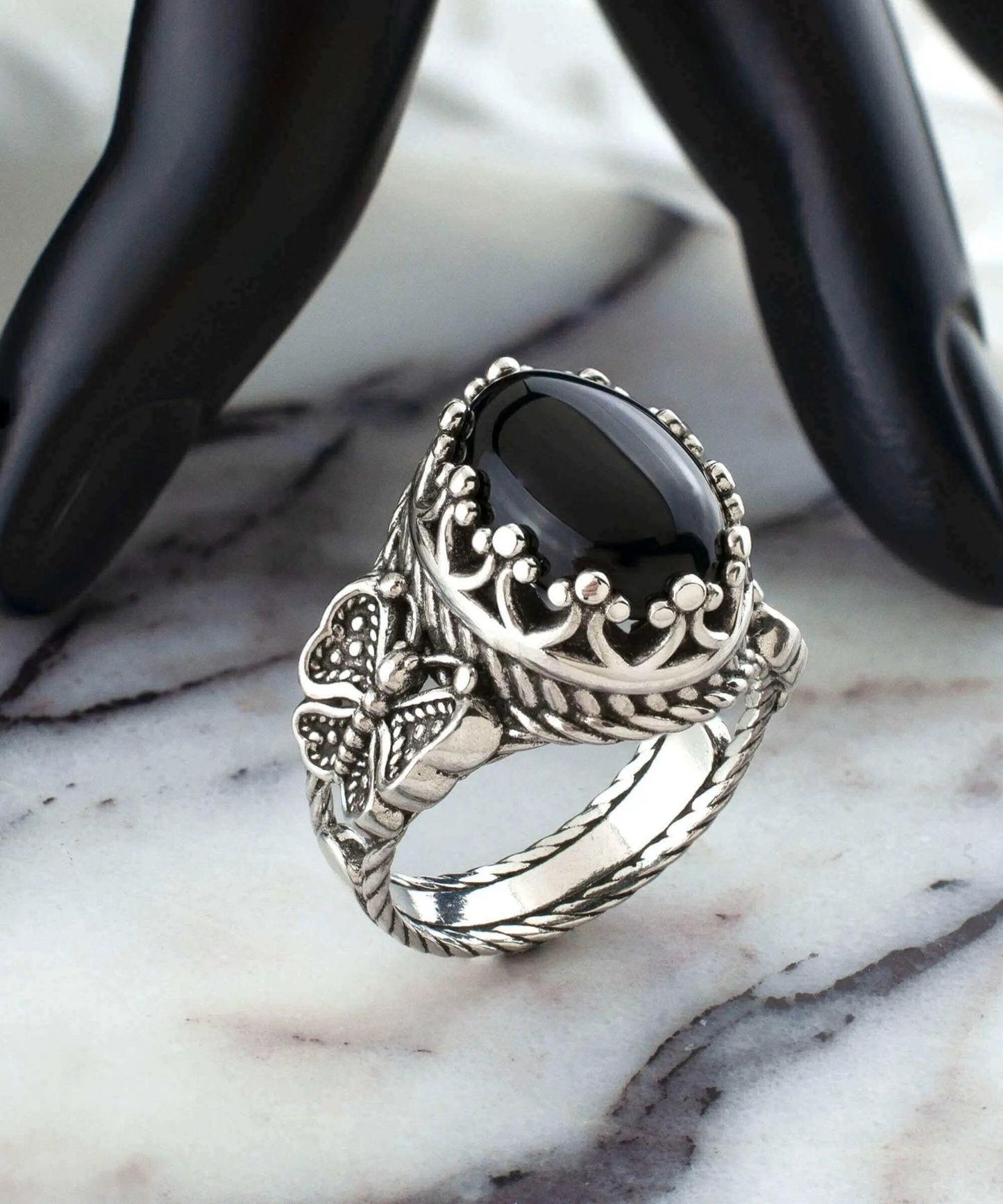 Black Onyx Gemstone Filigree Art Double Butterfly Detailed Women Silver Statement Ring