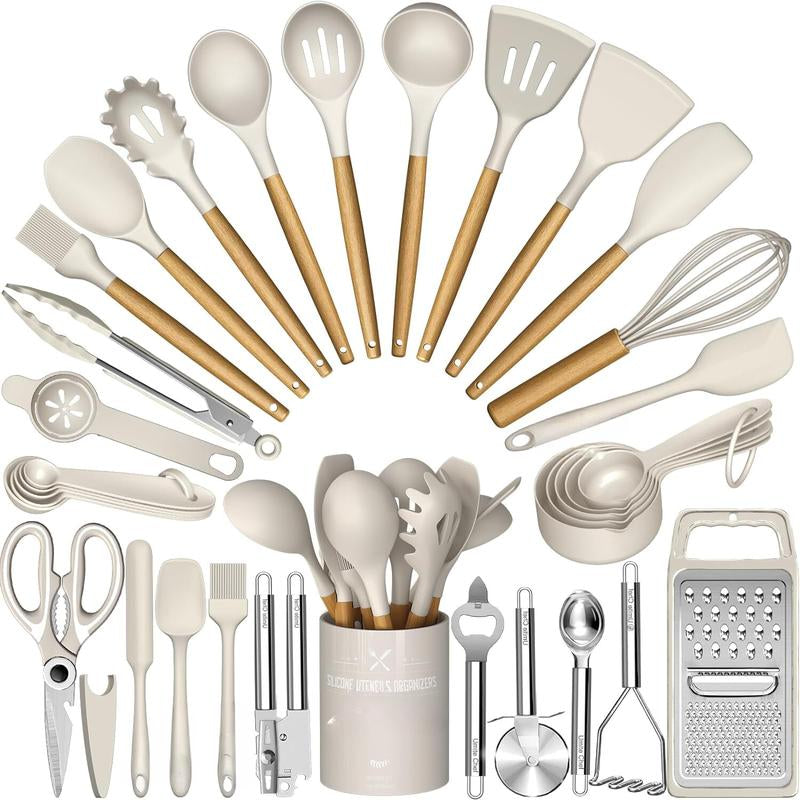 Kitchen Utensils Set- 34PCS Silicone Cooking Utensils with Holder, Umite Chef Heat Resistant Kitchen Utensil Spatula Set for Nonstick Cookware, Black Wooden Handles Kitchen Gadgets Tools Set