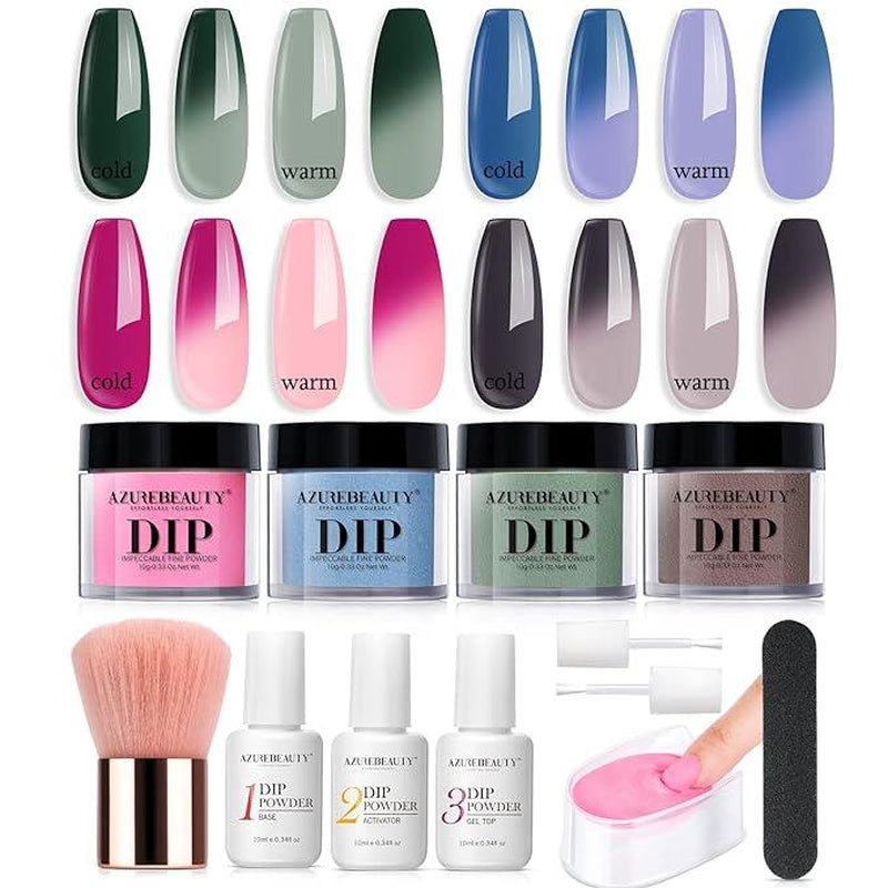 AZUREBEAUTY 4 Colors Dip Powder Nail Starter Kit, Dipping Powder Set with Base Top Coat Activator Essential Liquid, All-In-One Nail Art Manicure Tools DIY Beginner Kit