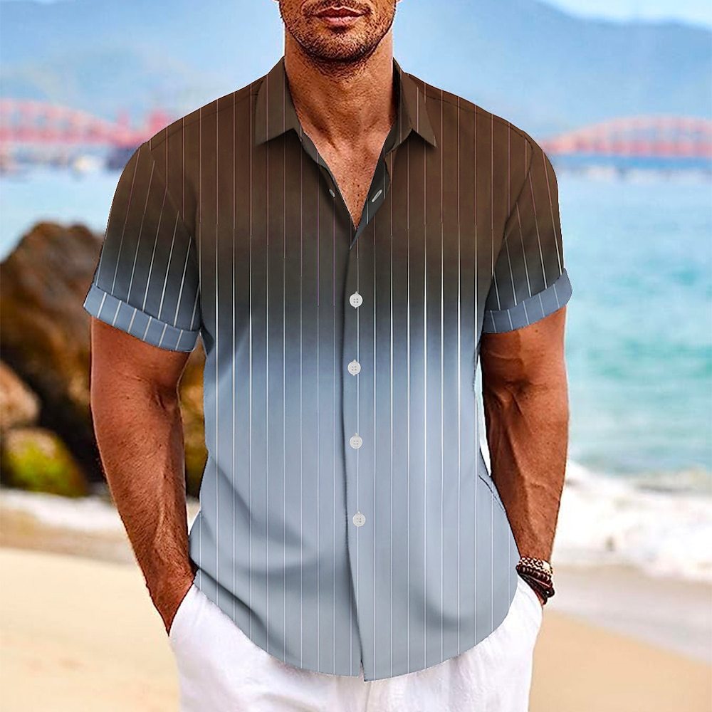 Lapel Button Short-sleeved Shirt Summer Fashion Gradient Striped Print Beach Shirt Leisure Tops Men's Clothing Lime Sunflower