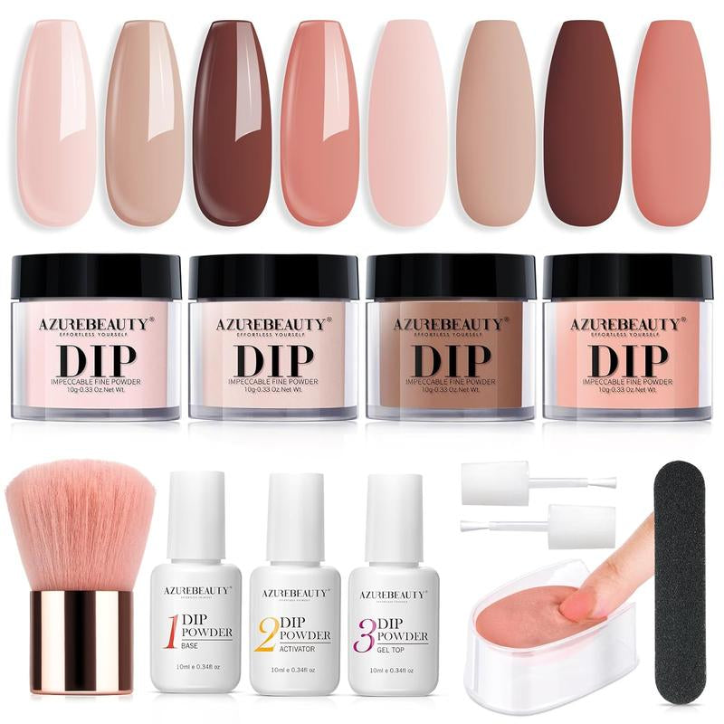 AZUREBEAUTY 4 Colors Dip Powder Nail Starter Kit, Dipping Powder Set with Base Top Coat Activator Essential Liquid, All-In-One Nail Art Manicure Tools DIY Beginner Kit