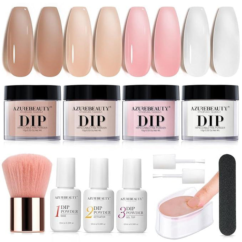 AZUREBEAUTY 4 Colors Dip Powder Nail Starter Kit, Dipping Powder Set with Base Top Coat Activator Essential Liquid, All-In-One Nail Art Manicure Tools DIY Beginner Kit