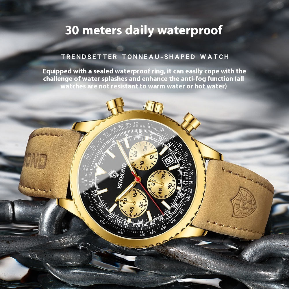 Men's Multi-functional Ultra-thin Business Style Leather Belt Waterproof Luminous Calendar Watch Lime Sunflower