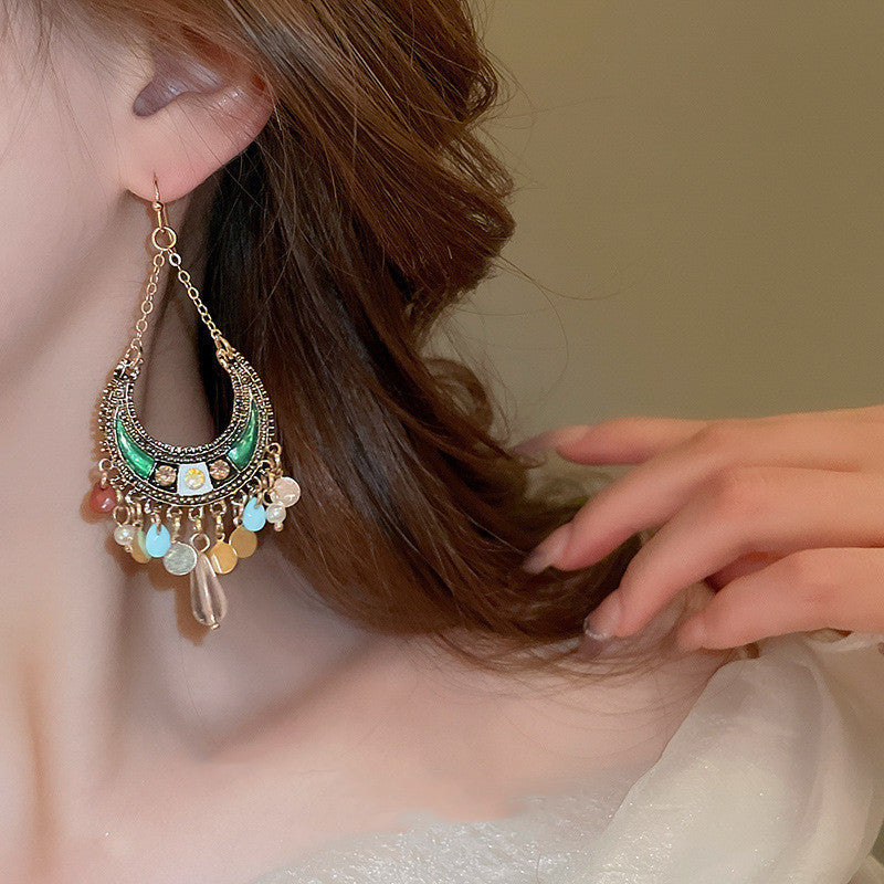 Bohemian Style Colorful Moon Sequined Tassel Earrings Lime Sunflower