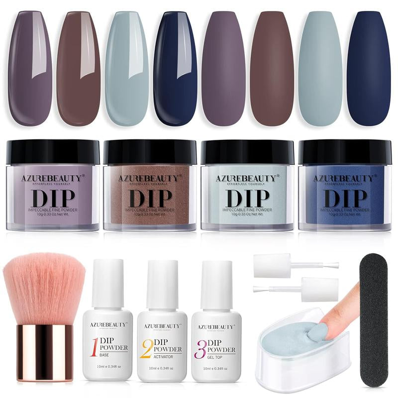 AZUREBEAUTY 4 Colors Dip Powder Nail Starter Kit, Dipping Powder Set with Base Top Coat Activator Essential Liquid, All-In-One Nail Art Manicure Tools DIY Beginner Kit