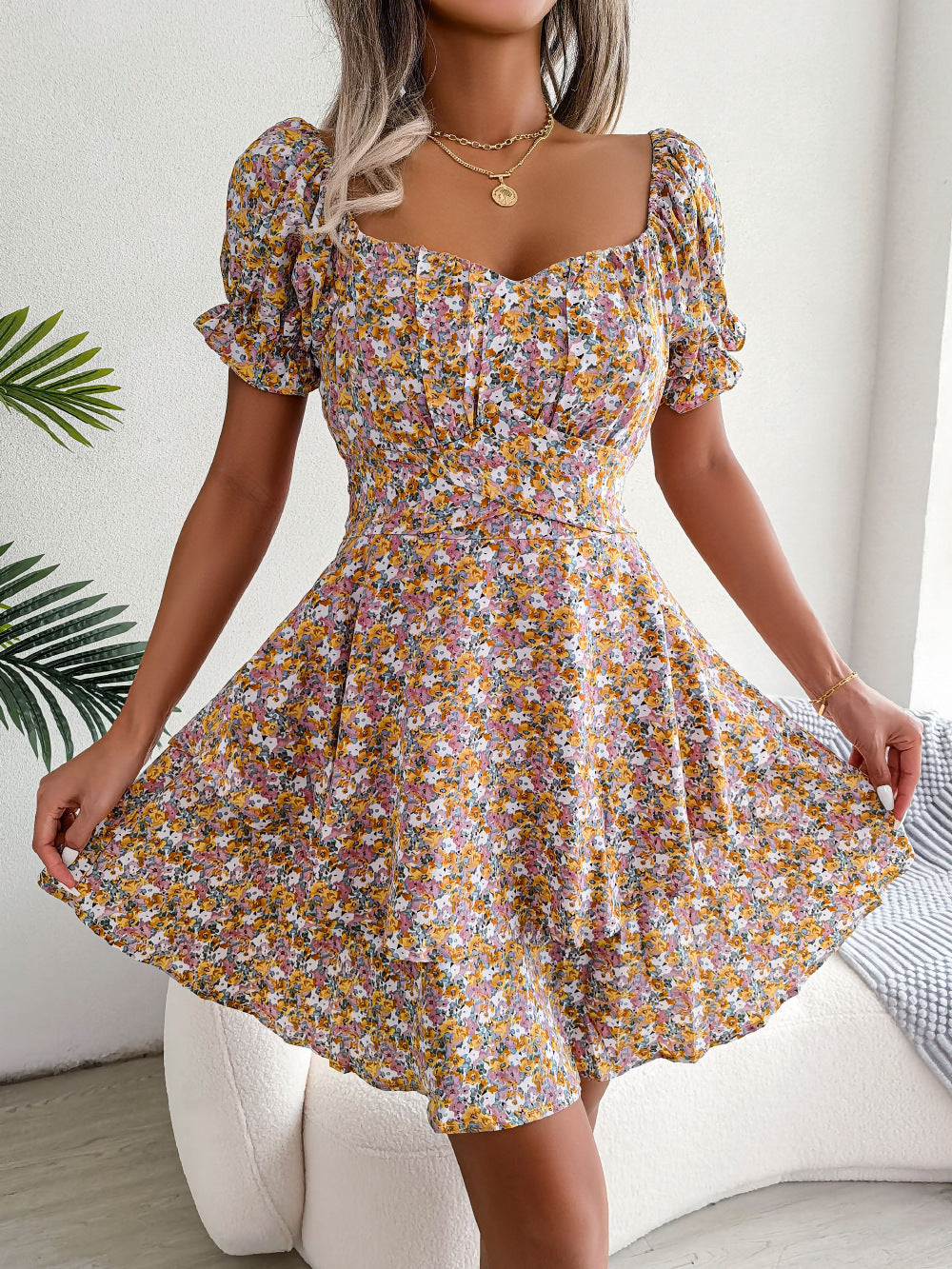 Women Mini Dress Temperament Big Swing Loose Hem Flower Print Shirring Dress Up Short Sleeves High Waist Summer Dress Clothes Lime Sunflower
