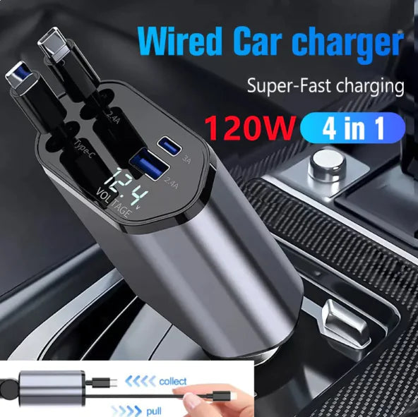 120W Retractable Car Charger with USB & Type-C Fast Charging Cables RegenaLife Market