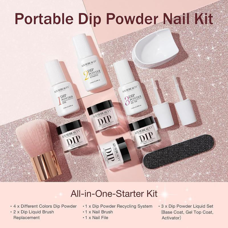 AZUREBEAUTY 4 Colors Dip Powder Nail Starter Kit, Dipping Powder Set with Base Top Coat Activator Essential Liquid, All-In-One Nail Art Manicure Tools DIY Beginner Kit