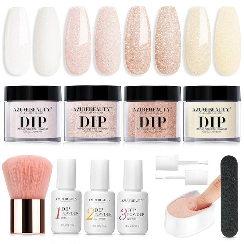 AZUREBEAUTY 4 Colors Dip Powder Nail Starter Kit, Dipping Powder Set with Base Top Coat Activator Essential Liquid, All-In-One Nail Art Manicure Tools DIY Beginner Kit