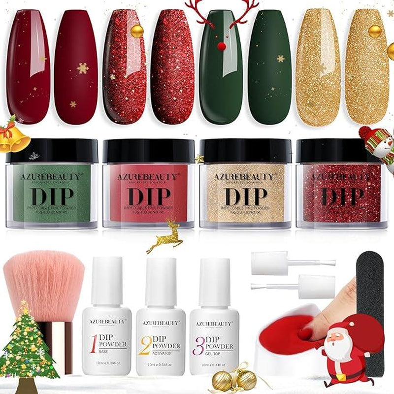 AZUREBEAUTY 4 Colors Dip Powder Nail Starter Kit, Dipping Powder Set with Base Top Coat Activator Essential Liquid, All-In-One Nail Art Manicure Tools DIY Beginner Kit
