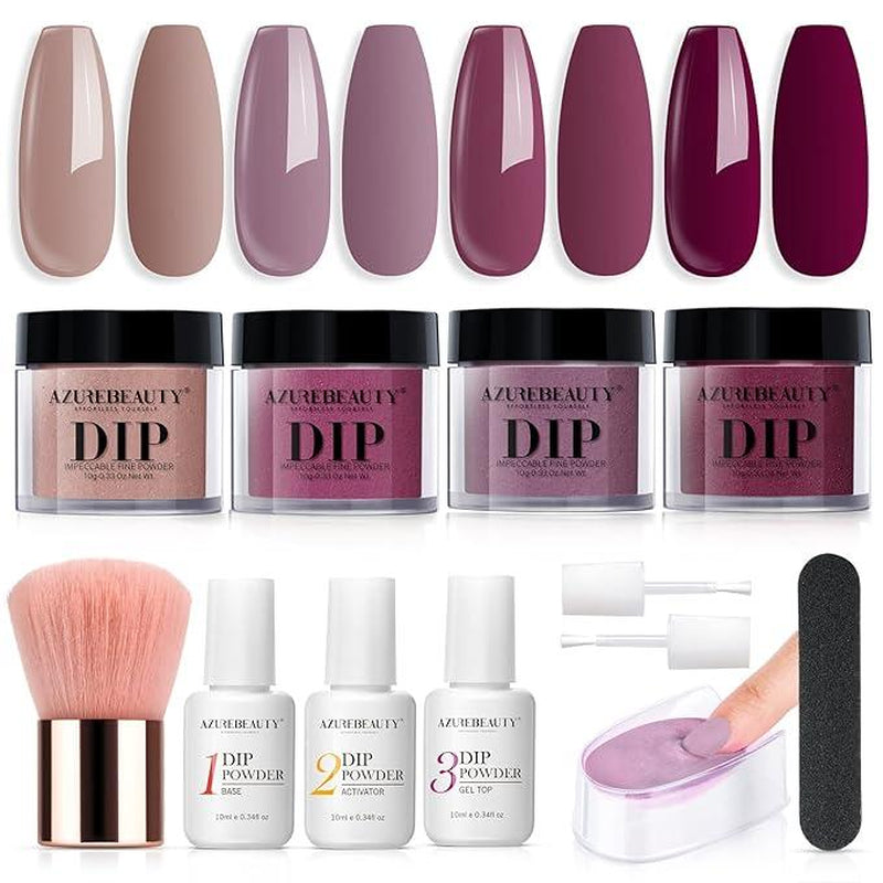 AZUREBEAUTY 4 Colors Dip Powder Nail Starter Kit, Dipping Powder Set with Base Top Coat Activator Essential Liquid, All-In-One Nail Art Manicure Tools DIY Beginner Kit