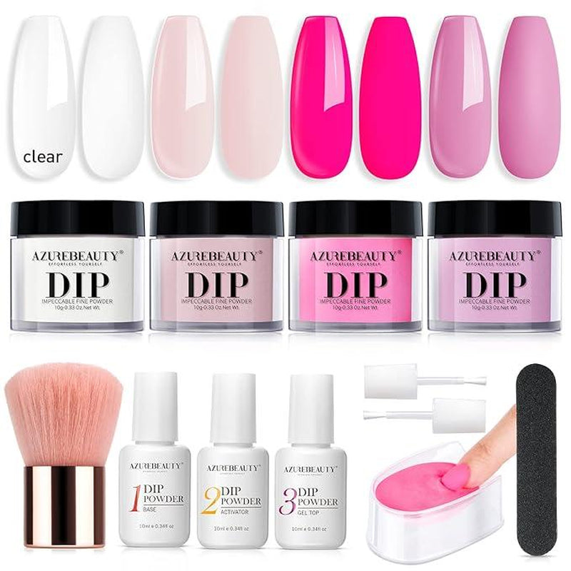 AZUREBEAUTY 4 Colors Dip Powder Nail Starter Kit, Dipping Powder Set with Base Top Coat Activator Essential Liquid, All-In-One Nail Art Manicure Tools DIY Beginner Kit
