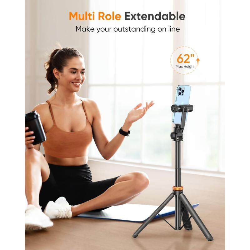 62" Phone Tripod, Tripod for Iphone & Selfie Stick Tripod with Remote, Extendable Phone Tripod Stand & Travel Tripod, Solidest Cell Phone Tripod Compatible with Iphone/Android Eucos