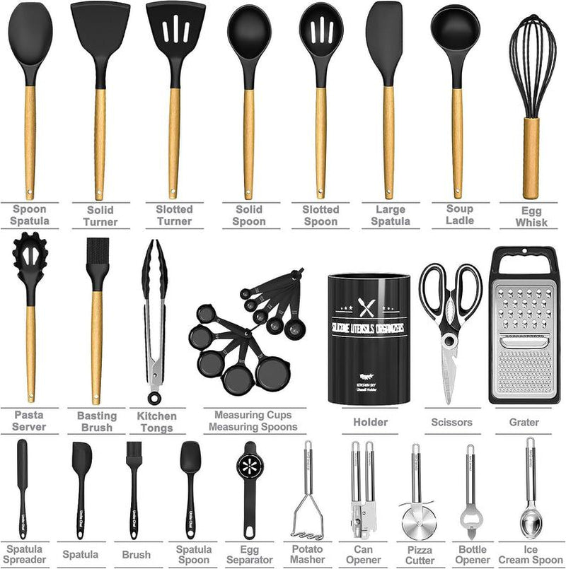Kitchen Utensils Set- 34PCS Silicone Cooking Utensils with Holder, Umite Chef Heat Resistant Kitchen Utensil Spatula Set for Nonstick Cookware, Black Wooden Handles Kitchen Gadgets Tools Set