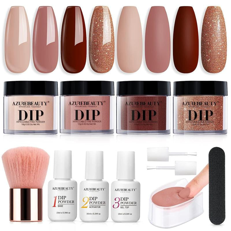 AZUREBEAUTY 4 Colors Dip Powder Nail Starter Kit, Dipping Powder Set with Base Top Coat Activator Essential Liquid, All-In-One Nail Art Manicure Tools DIY Beginner Kit