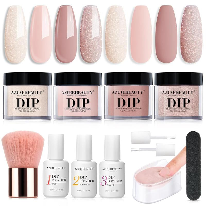 AZUREBEAUTY 4 Colors Dip Powder Nail Starter Kit, Dipping Powder Set with Base Top Coat Activator Essential Liquid, All-In-One Nail Art Manicure Tools DIY Beginner Kit