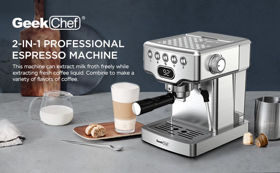 Chef Espresso Machine With Milk Frother For Latte, Cappuccino, Macchiato, For Home Espresso Maker, 1.8L Water Tank, Stainless Steel,`