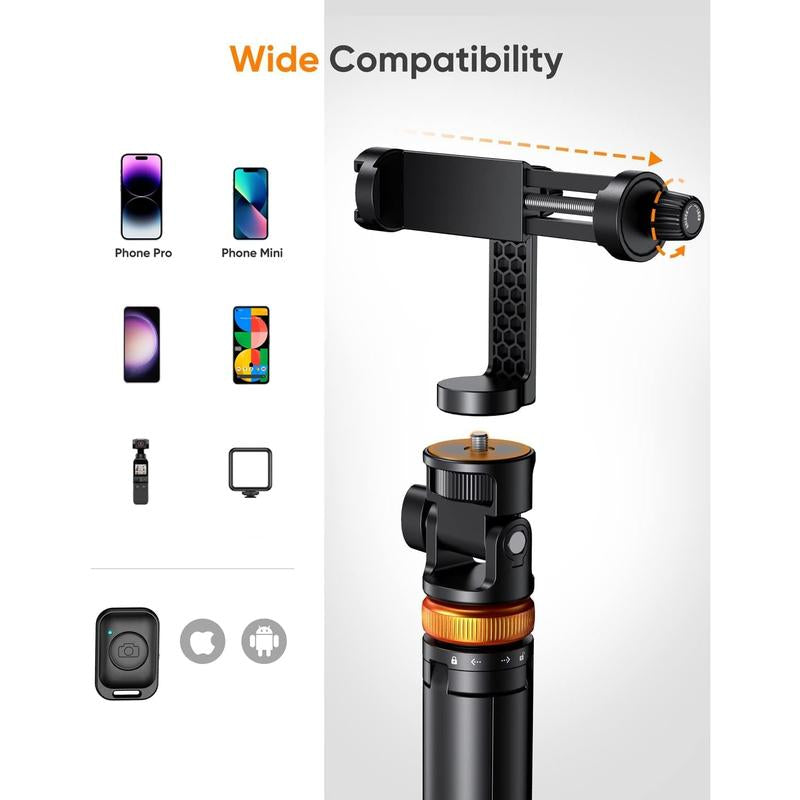 62" Phone Tripod, Tripod for Iphone & Selfie Stick Tripod with Remote, Extendable Phone Tripod Stand & Travel Tripod, Solidest Cell Phone Tripod Compatible with Iphone/Android Eucos