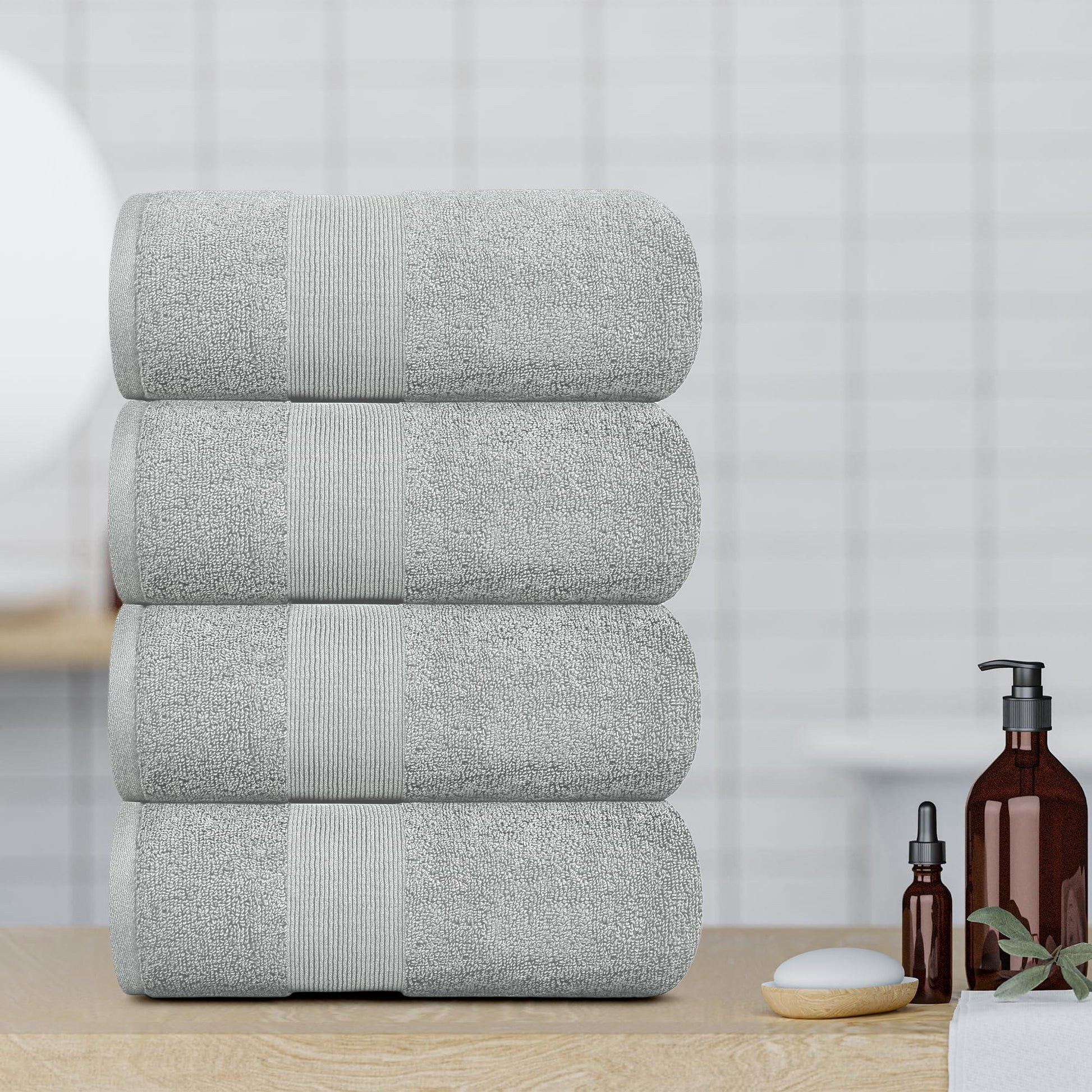 4 Pack Resort Collection Soft Bath Towels 28X55 in Hotel Plush Cotton Light Grey