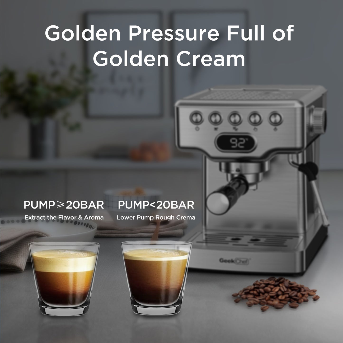 Chef Espresso Machine With Milk Frother For Latte, Cappuccino, Macchiato, For Home Espresso Maker, 1.8L Water Tank, Stainless Steel,`