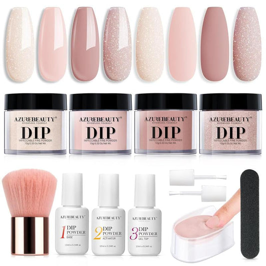 AZUREBEAUTY 4 Colors Dip Powder Nail Starter Kit, Dipping Powder Set with Base Top Coat Activator Essential Liquid, All-In-One Nail Art Manicure Tools DIY Beginner Kit