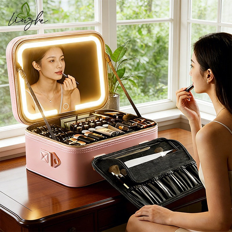 Portable LED Mirror Leather Makeup Case with Brush Set RegenaLife Market