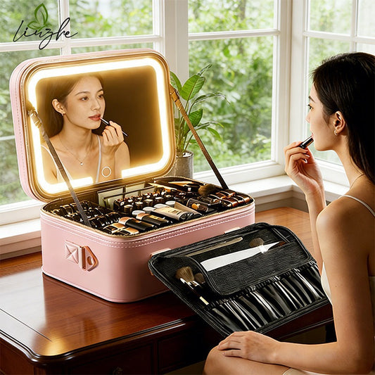 Portable LED Mirror Leather Makeup Case with Brush Set RegenaLife Market