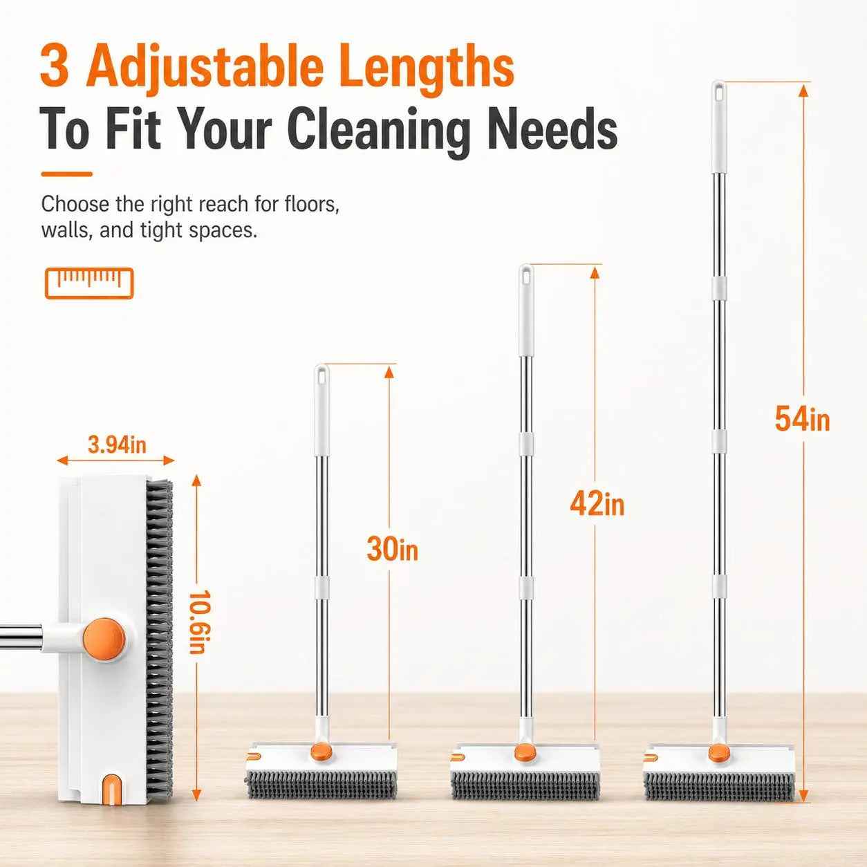 Snofrid 3-In-1 Heavy Duty Stiff Bristle Floor Scrub Brush - 54-In Adjustable Handle Eases Back Strain, Multipurpose Cleaning Tool with Scraper, Interior Cleaning Brush Brooms for Bathroom, Patio, Cleaning Supplies (Orange&White), 360° Deep Clean